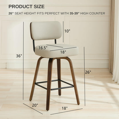 Arvasslia Swivel Bar Stools Set of 3, 26" Upholstered Counter Height Bar Stools with Back and Walnut Wood Legs, Faux Leather Barstools for Kitchen Counter, Beige Gray