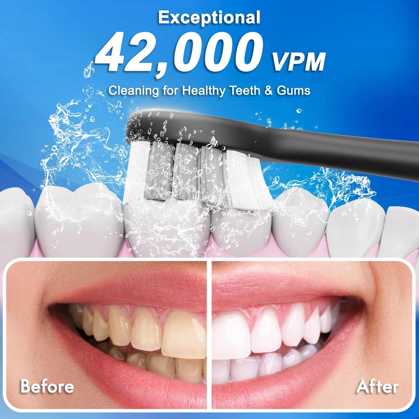Sonic Electric Toothbrush for Adults and Kids, Comes with 10 Brush Heads & Travel Case, 5 Modes with 2 Minutes Built in Smart Timer, One Charge for 90 Days, 42,000 VPM Motor (Black)