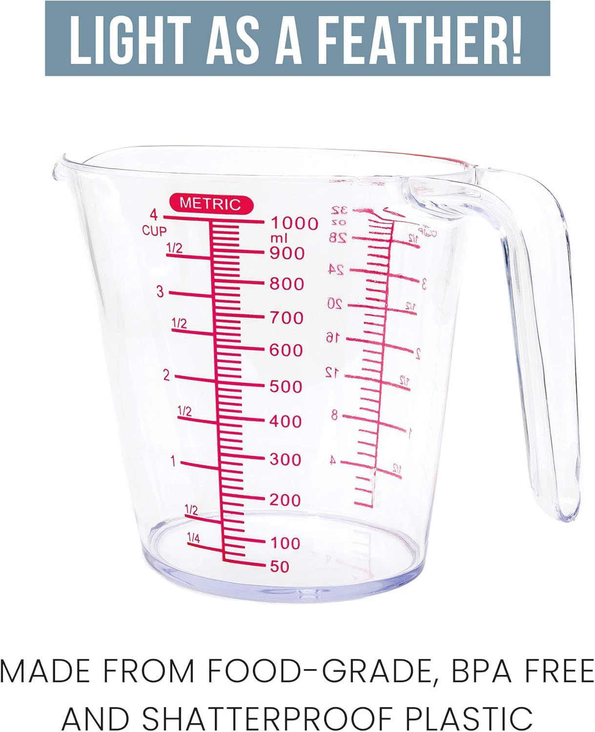 Chef Pomodoro 3-Piece Liquid Measuring Cups Set - Includes 1, 2, and 4 Cup, BPA-Free Plastic, Stackable Nesting