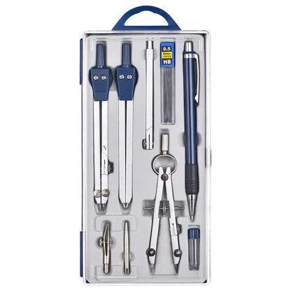 Unjoo 9Pcs Precision Geometry Set Metal Compass, Geometry Tool Tool Set with Shatterproof Storage Box, Circle Drafting Tool and Architecture, Drafting Kits for Engineers Students(Blue)