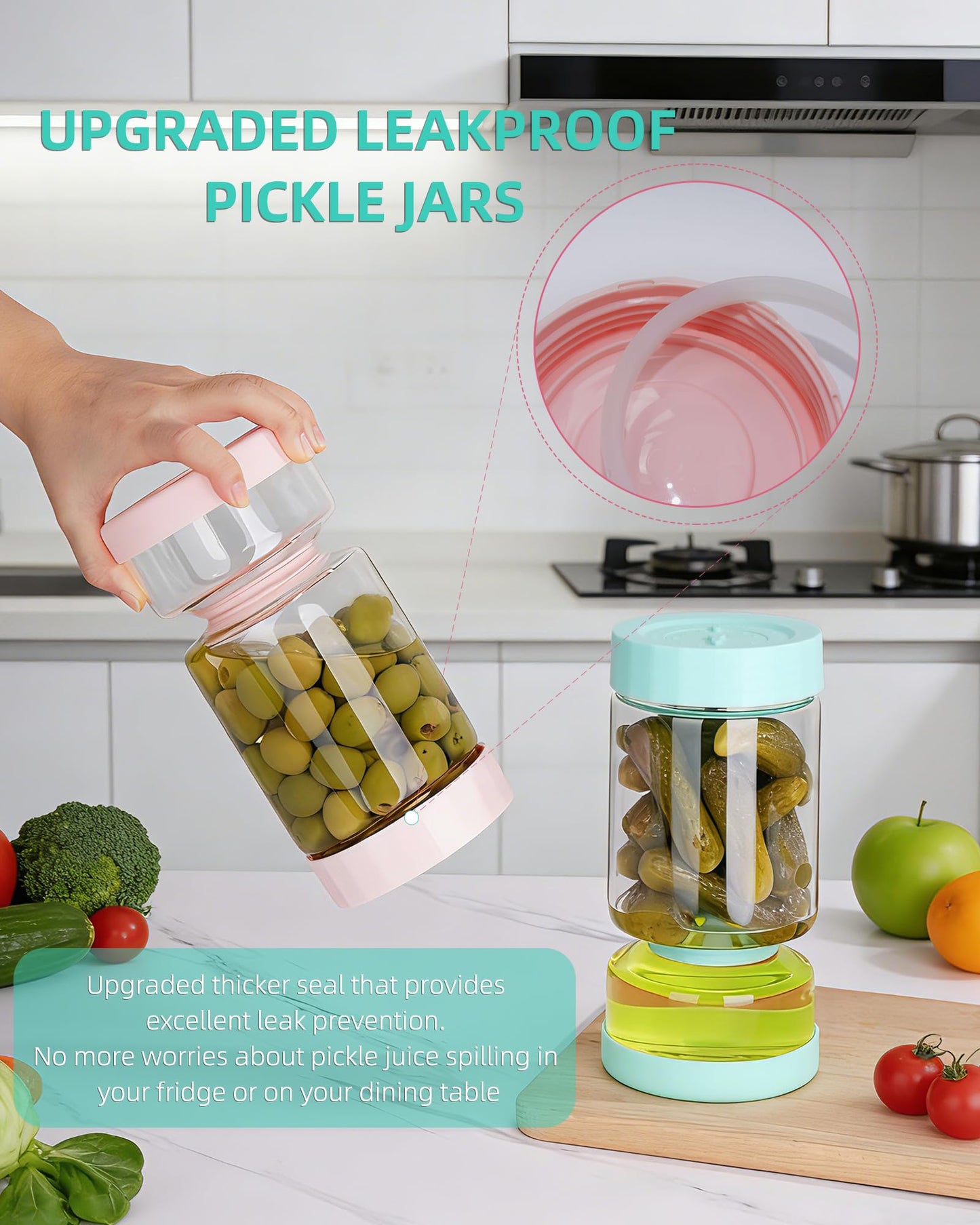 ZENS Pickle Jar with Strainer Flip, 37 oz Hourglass Pickle Juice Separator Container, Airtight Leakproof Lid, Dual Wet-Dry Design, Time Tracker Lid – 2 Pack Olive & Kimchi Jars