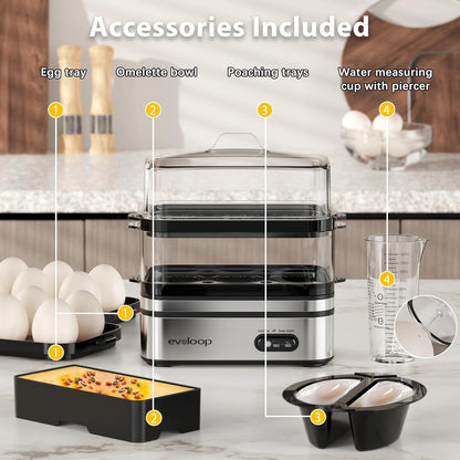 12 Evoloop Rapid Egg Cooker Electric Eggs Capacity, Soft, Medium, Hard Boiled, Poached, Omelet Maker Egg Poacher