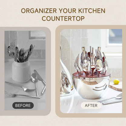 KINGSTONE Silverware Set with Waterdrop Storage Organizer, Luxury 20 Piece Flatware Set for 4, 18/10 Stainless Steel Cutlery Set with Diamond Cut Pattern Ideal for Kitchen,Party and Gift