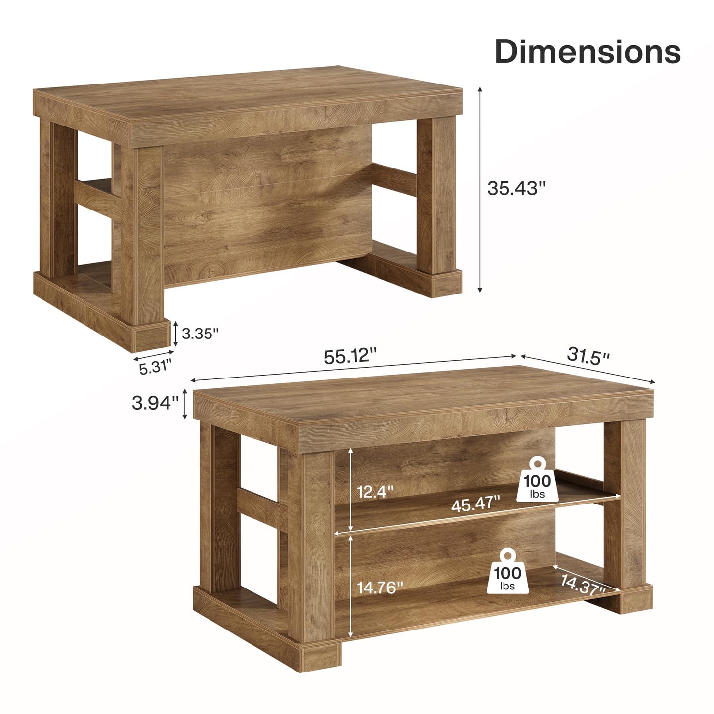 Tribesigns Kitchen Island with Storage, 55-Inch Farmhouse Stationary Island Table with Large Countertop, 3-Tier Wooden Home Bar Table for Kitchen, Dining Room, Rustic Brown