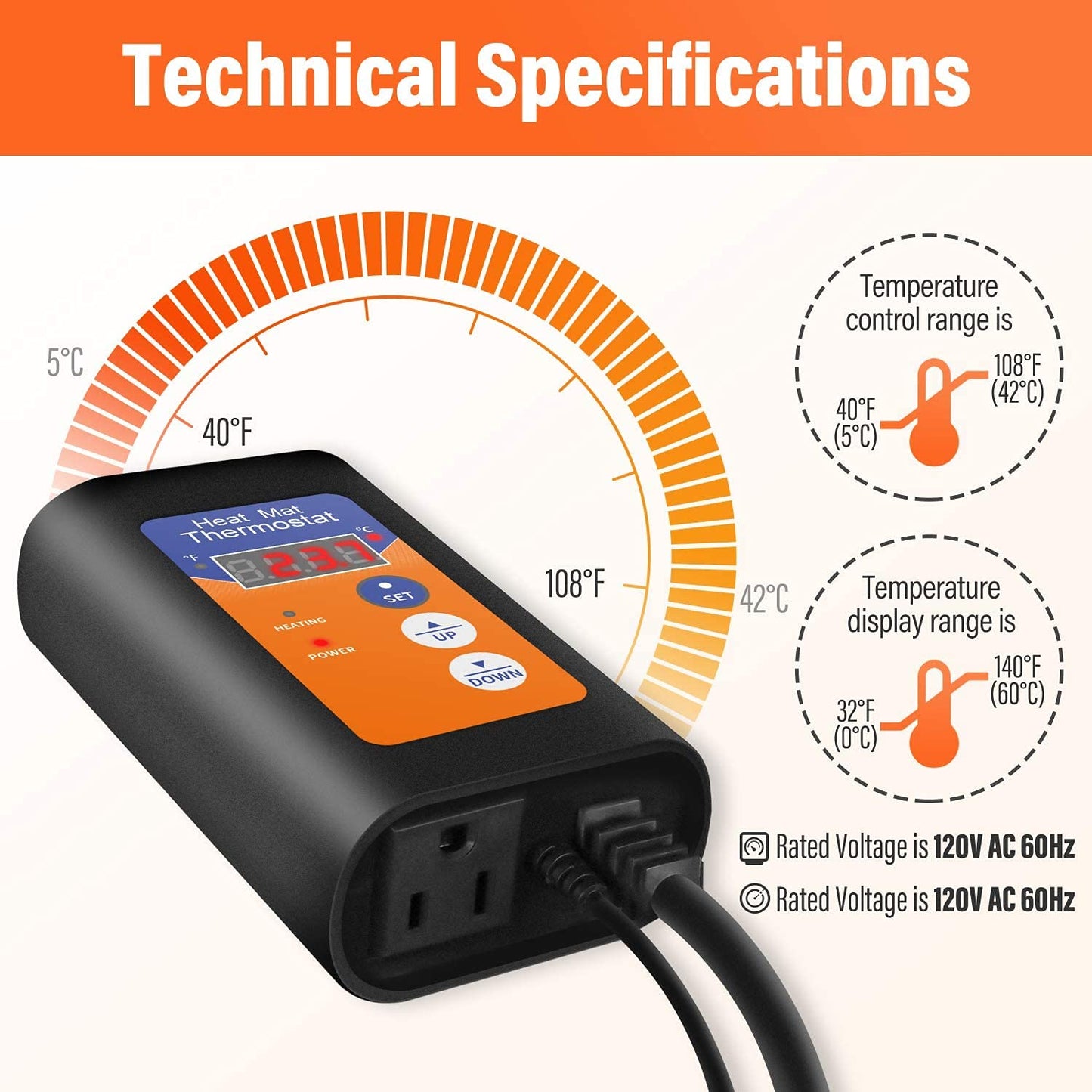 iPower Digital Heat Mat Thermostat Controller for Seed Germination, Reptiles and Brewing Breeding Incubation Greenhouse, 40-108°F, 8.3A 1000W