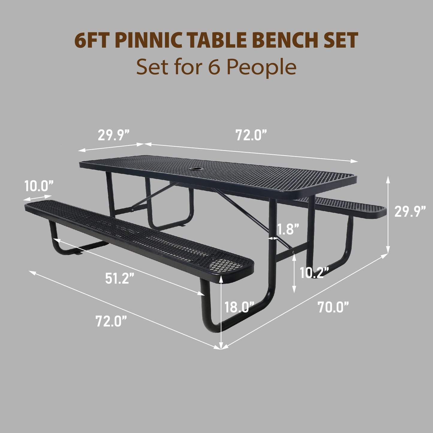 Sunnibety 6FT Metal Picnic Tables for Outdoors, Commercial Rectangular Picnic Table and Bench Set for Outside, Patio, Garden, Backyard, Porch, Surface Mount, Black
