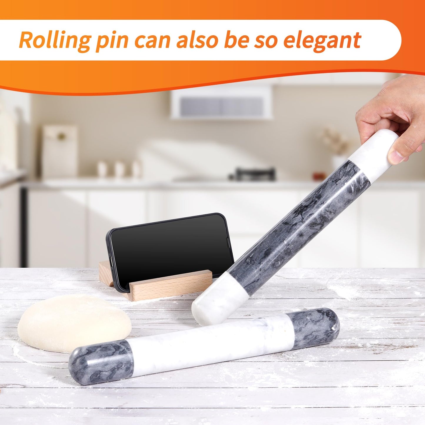 Tianman French Marble Rolling Pin.12 Inchs Marble Rolling Pin for Baking With Wooden Base Holder Stand-Non-Stick Baking Roller for Baking Fondant, Pizza,Cookies,Crust,Pasta(Black-White-Blakc)