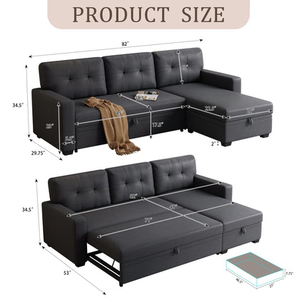 KTATK L-Shape 82" Linen Upholstered Pull Out Sectional Sofa with Storage Chaise,Can be Converted into a Twin Size Sleeper Bed W/Removable Back Cushions,for Living Room,Apartment,Office,Dark Gray