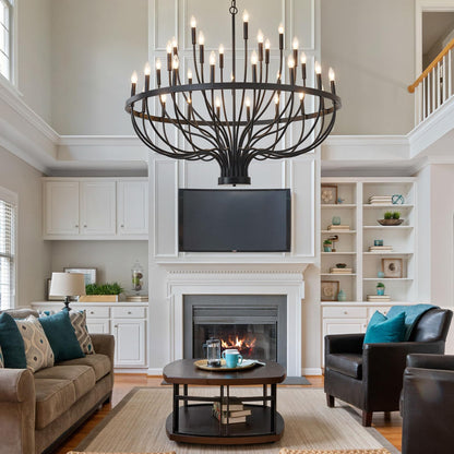 HHR 48-Inch Farmhouse Foyer Chandelier Entryway High Ceiling, 33-Light Candle Chandelier Light Fixtures Modern Black Chandeliers for Dining Room Bedroom Hallway Kitchen Living Room