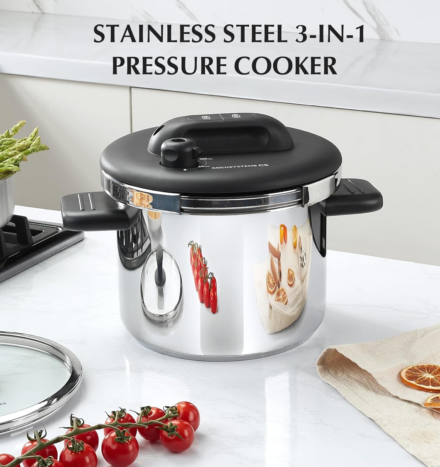 KOCH SYSTEME CS Stainless Steel Pressure Cooker 8.5QT, Olla de Presion, 18/10 Stainless Steel Pressure Cooker, Easy One-Press Lock, Stovetop Pressure Cookers, Induction Ready, Glass Lid & Steamer