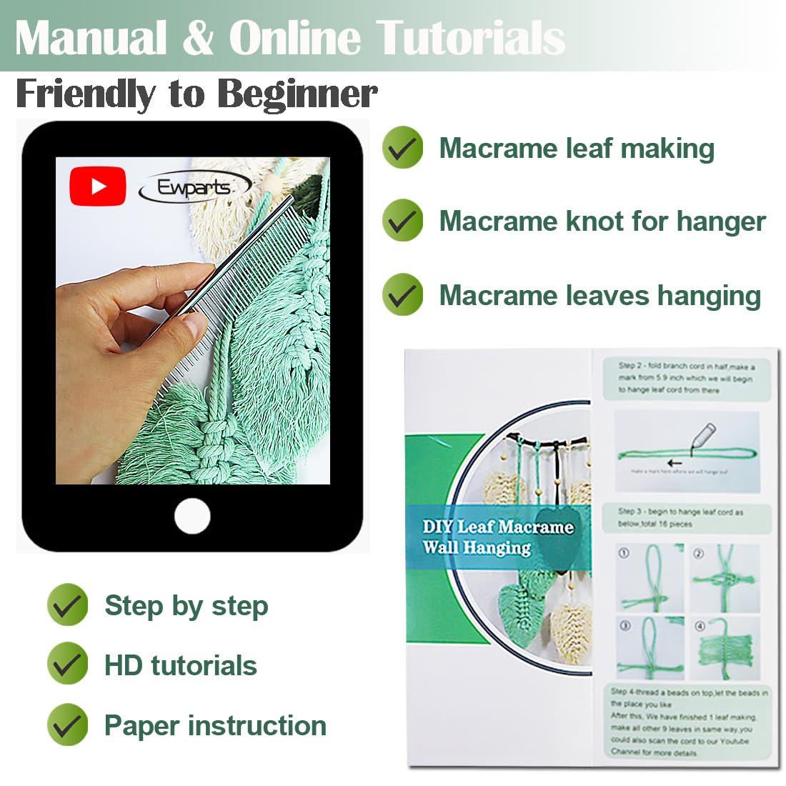 Ewparts Macrame Leaf Wall Hanging Kit – 3mm Cord with Fringe Comb, Threader & Leaf Template,Include Step-by-Step Instructions, Complete DIY Wall Decor Set for Beginners, Boho Craft Kit for Adults