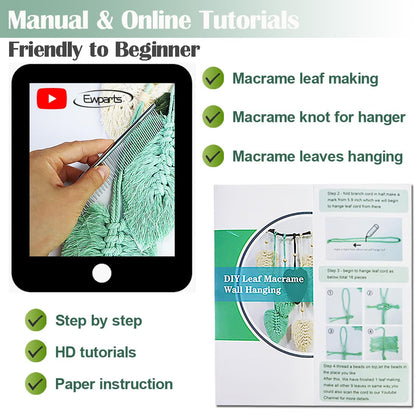 Ewparts Macrame Leaf Wall Hanging Kit – 3mm Cord with Fringe Comb, Threader & Leaf Template,Include Step-by-Step Instructions, Complete DIY Wall Decor Set for Beginners, Boho Craft Kit for Adults