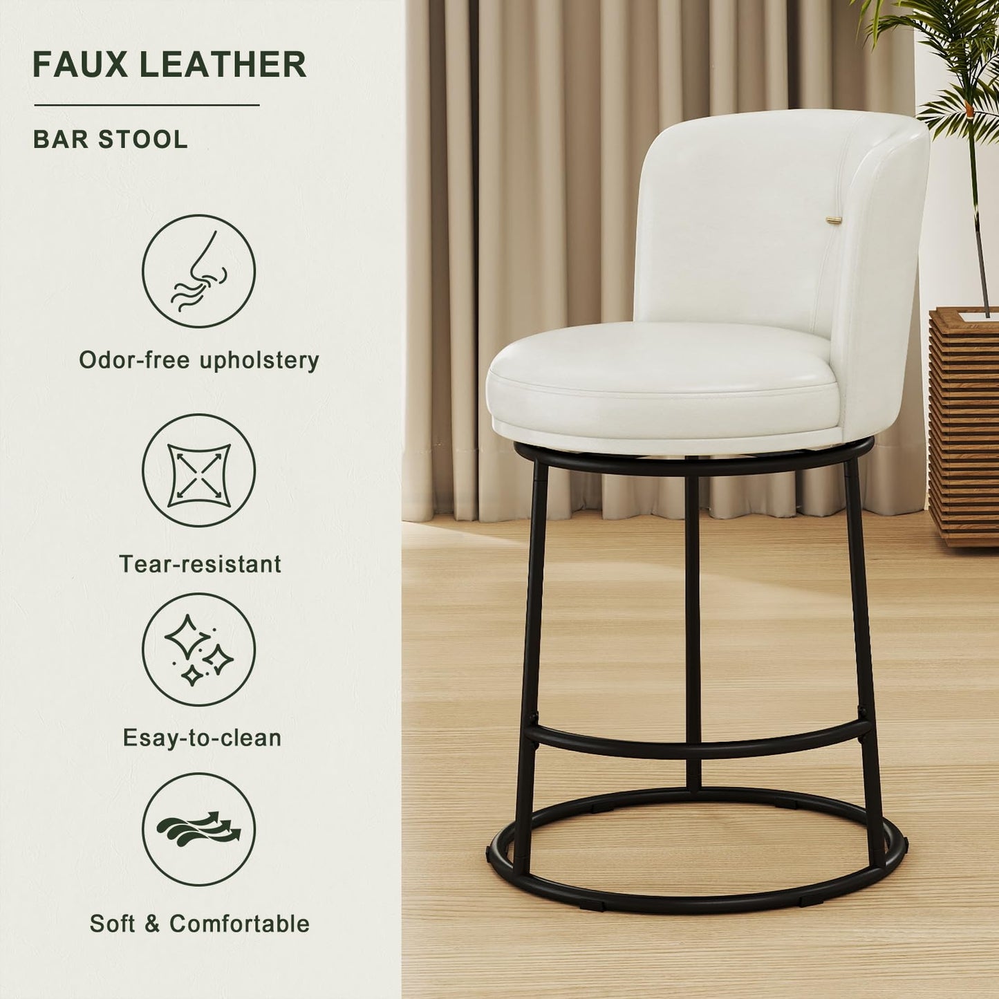 SAECKBERG Swivel Counter Height Bar Stools Set of 4, 26" H Modern Bar Stools for Kitchen Island Counter, Upholstered Barstools with Backs, Counter Height Chairs （White, Faux Leather）