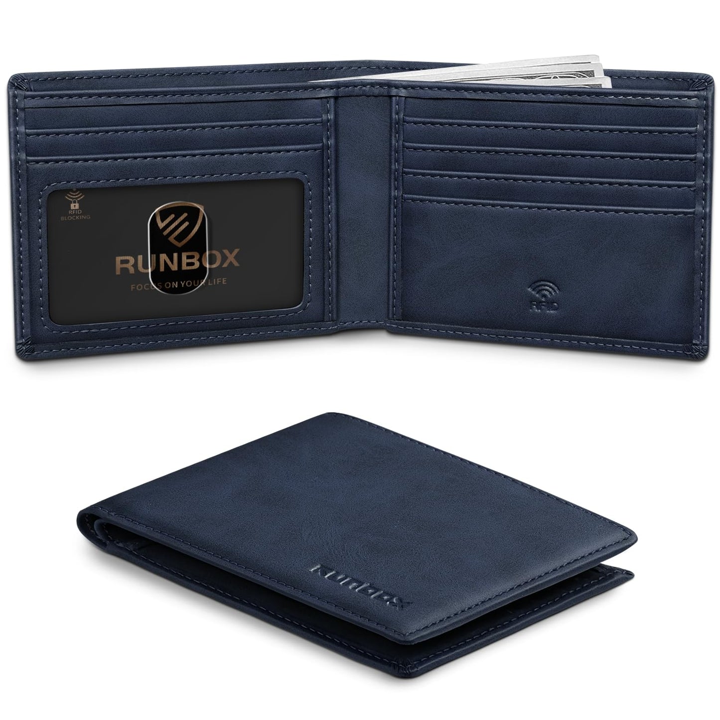 RUNBOX Wallet for Men,Mens Wallet,Slim Leather Bifold,RFID Blocking 8 Slots Gift Box