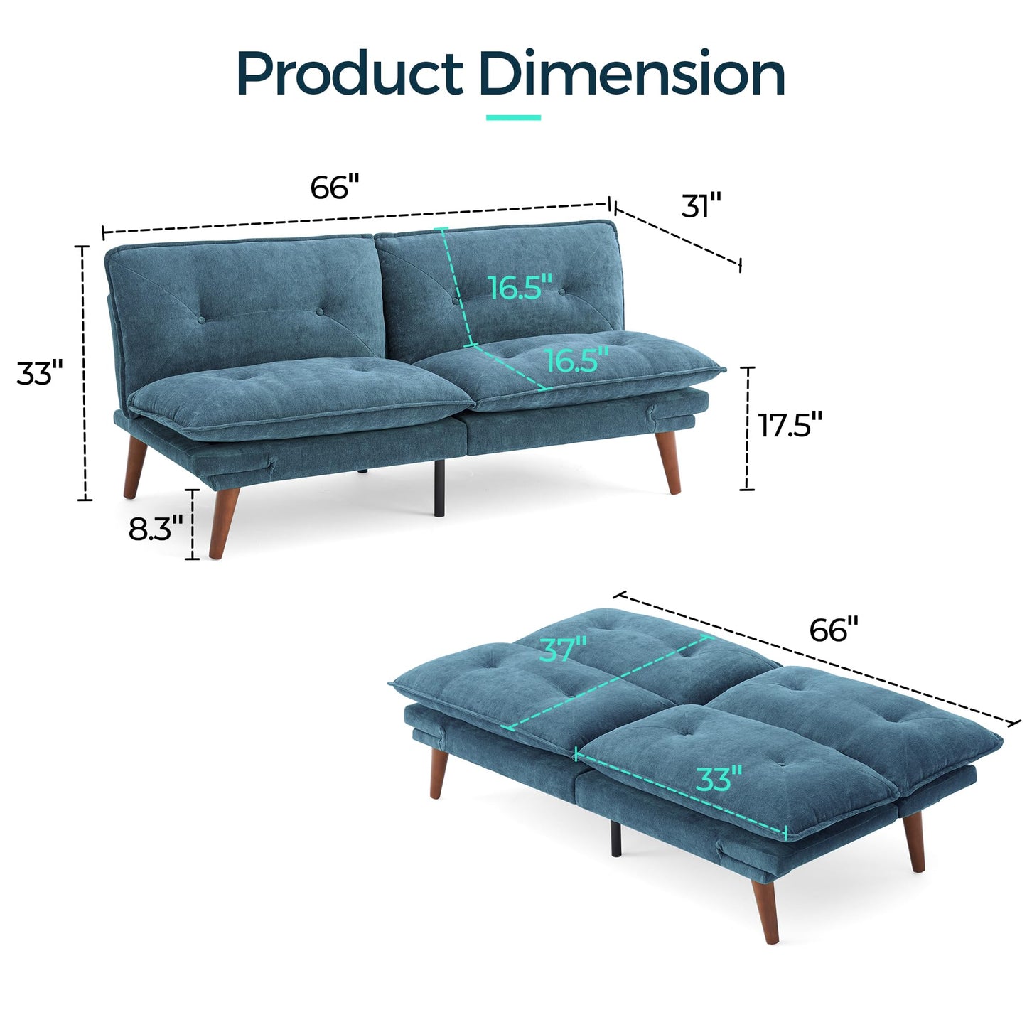 LINSY HOME Futon Sofa Bed, 70" Chenille Futon Couch with Adjustable Backrest Armrest, 3 in 1 Convertible Comfy Loveseat Sleeper Sofa Bed for Small Spaces Dorm Room Apartment Home Office（Blue）