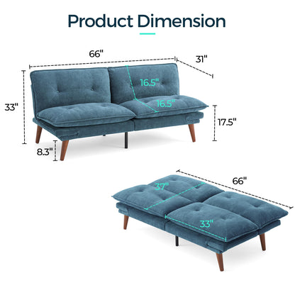 LINSY HOME Futon Sofa Bed, 70" Chenille Futon Couch with Adjustable Backrest Armrest, 3 in 1 Convertible Comfy Loveseat Sleeper Sofa Bed for Small Spaces Dorm Room Apartment Home Office（Blue）