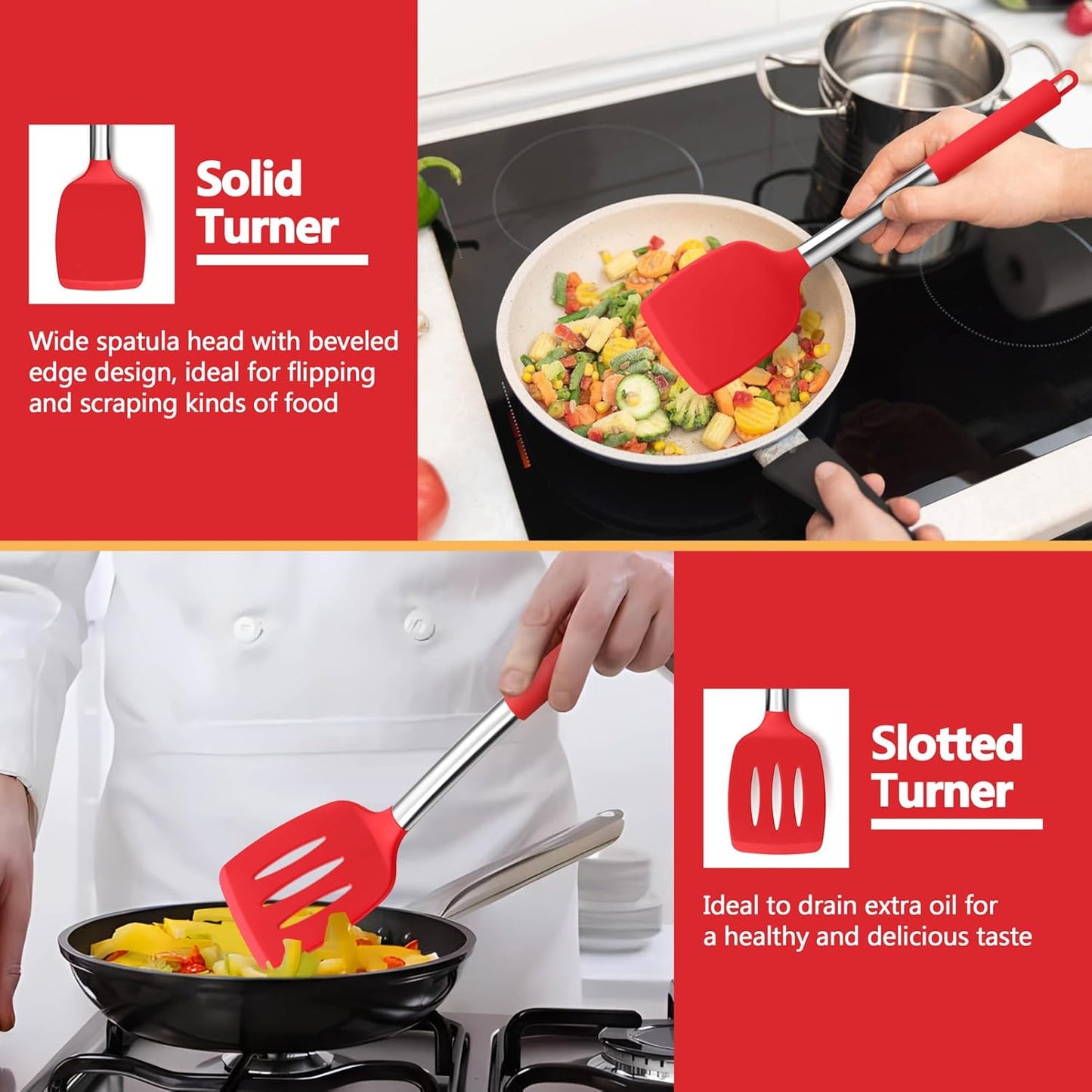 P&P CHEF Red Cooking Utensils Set of 4, Heat-proof Silicone Turner Spoon for Nonstick Cookware, Dishwasher Safe