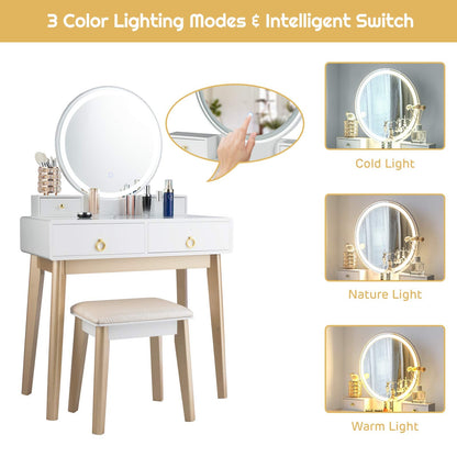 Nightcore Vanity Set, Makeup Vanity w/Round Lighted Mirror, Vanity Desk w/Cushioned Stool, 4 Drawers Modern Home Dressing Table for Girls & Women, White