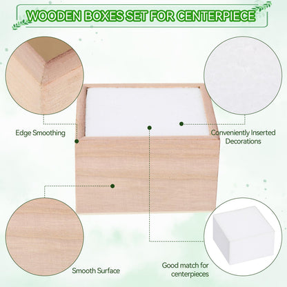 Suzile 12 Sets Square Rustic Wooden Box for Centerpiece Planter Box with Foam Blocks 4 Inch Unfinished Small Square Cube Vase for Wedding Floral Arrangement, Baby Showers, Home Garden Decor Craft
