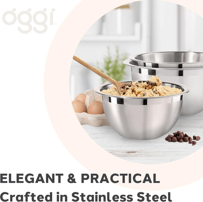 Oggi 3-Quart Two-Tone Stainless Steel Mixing Bowl for Mixing, Making Dough, Dressing Salads, Washing Vegetables