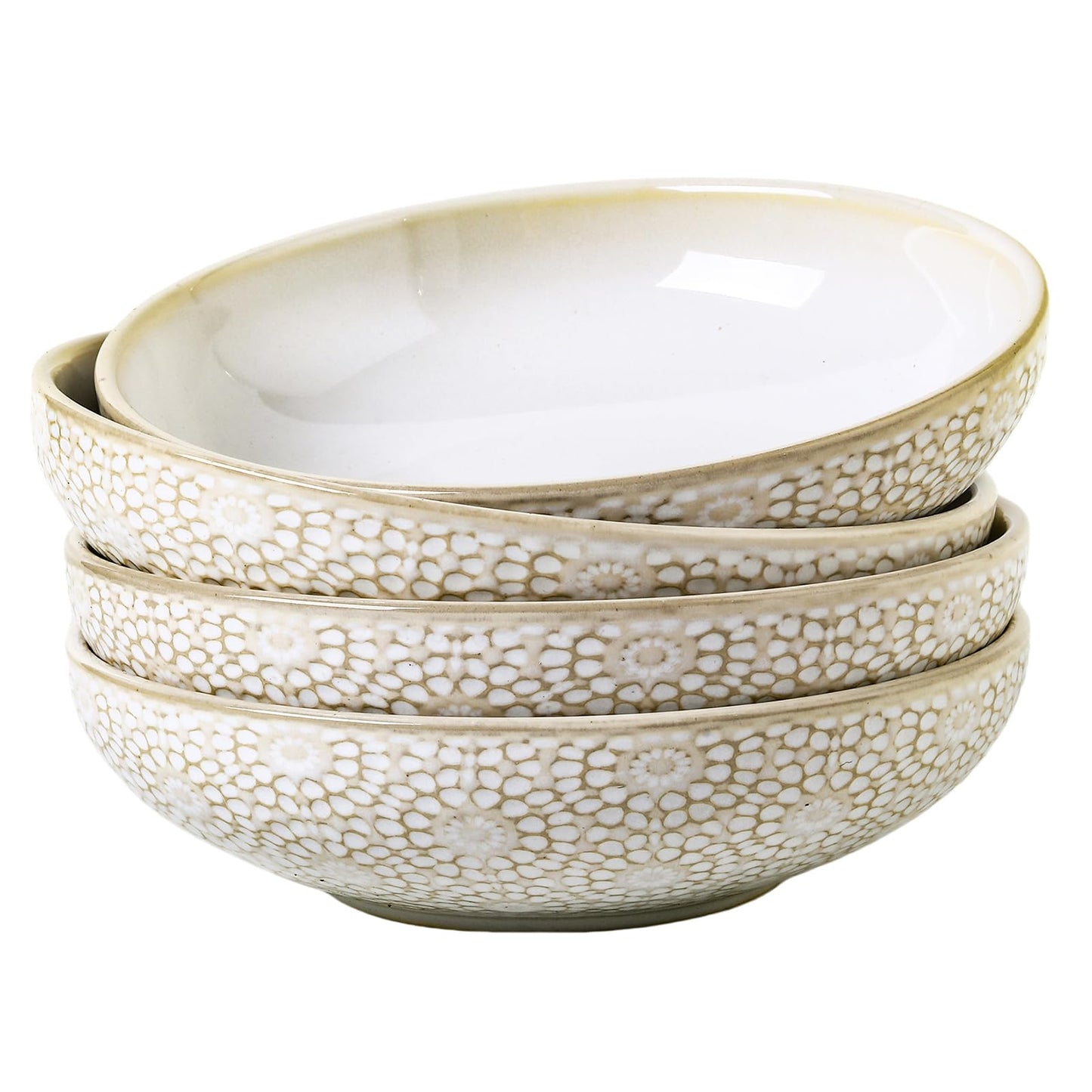 Feenmai 8" Ceramic Pasta Bowls, 22 Oz Serving Bowls Set of 4, Porcelain Shallow Soup Bowl, Embossed Serving Dishes for Pasta, Fruit, Salad, Housewarming Gift, Dishwasher Safe