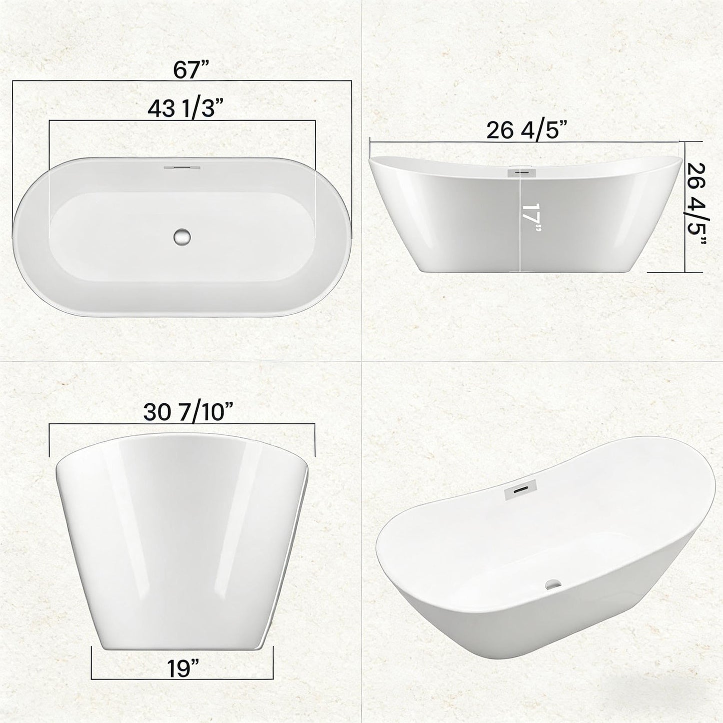 GarveeLife 67 Inch Freestanding Bathtub, Deep Soaking Acrylic Tub for Modern Bathroom, Standalone Soaker with Polished Chrome Overflow and Drain, CUPC Certified, White Glossy Finish