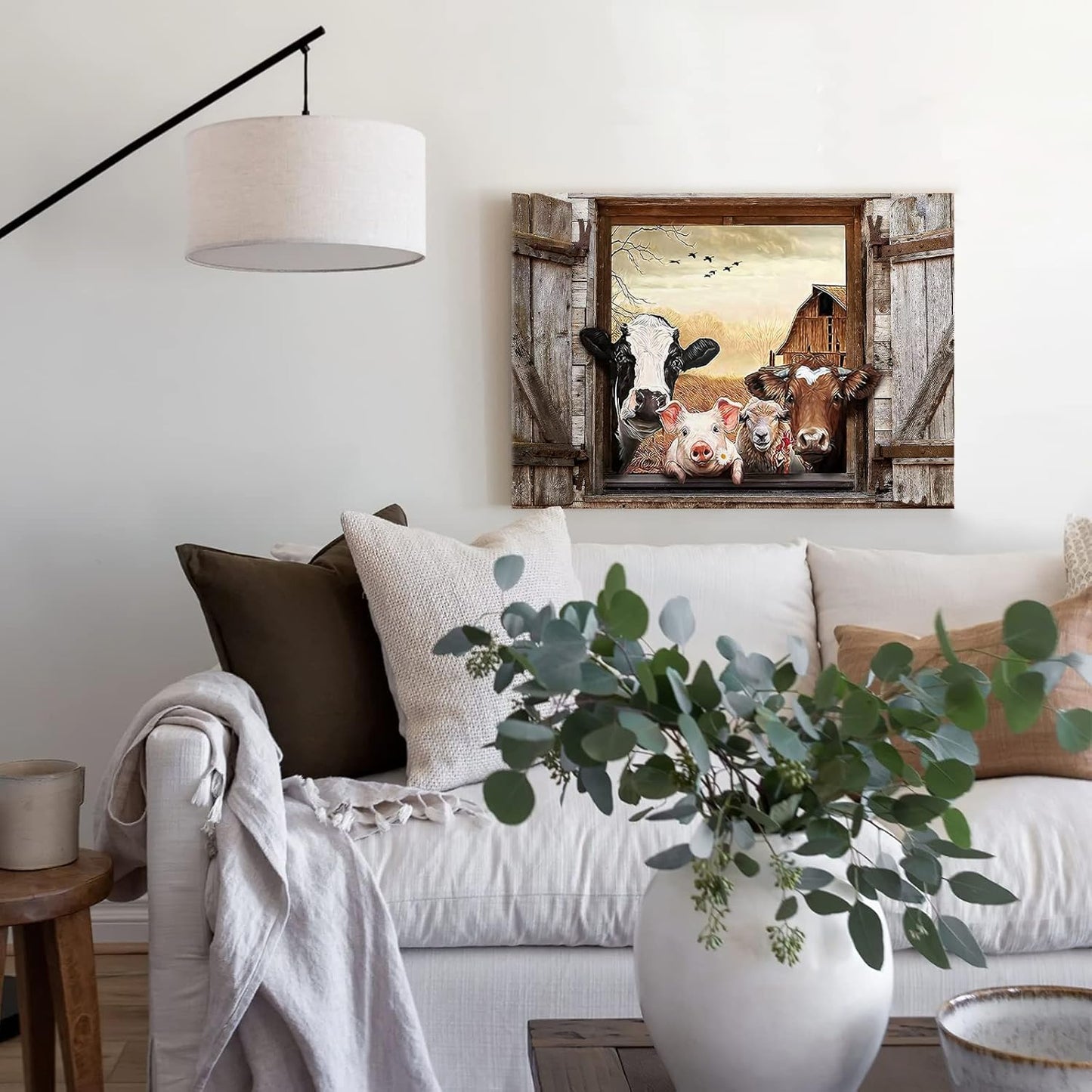 Kasluolo Farmhouse Animals Wall Art, Cow in Fake Window Landscape Picture, Framed Artwork for Bathroom or Office 12x16