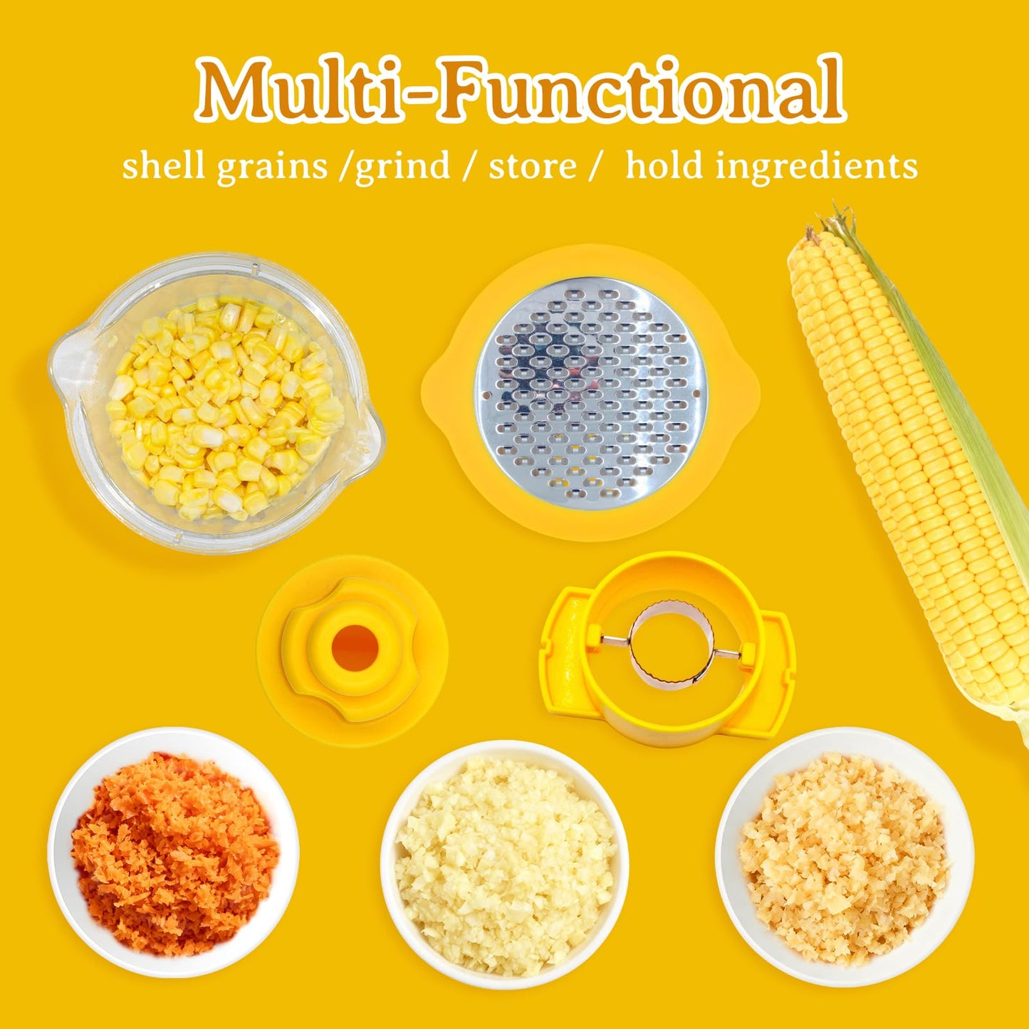 Corn Cob Stripper and Peeler Tool with Bowl, Multifunction Quick Corn Kernel Cutter Set with Grinder, Fast Kernel Peeler for Corn on The Cob, Non-Slip Base for Kitchen