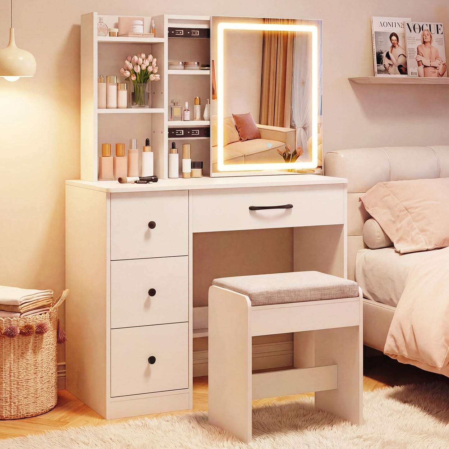 CHARMAID 38" Vanity Desk with Lighted Sliding Mirror, Adjustable LED Lighting, Hidden Storage, 4 Drawers & 3 Shelves, Cushioned Stool, Modern Makeup Vanity Dressing Table Set for Bedroom, White