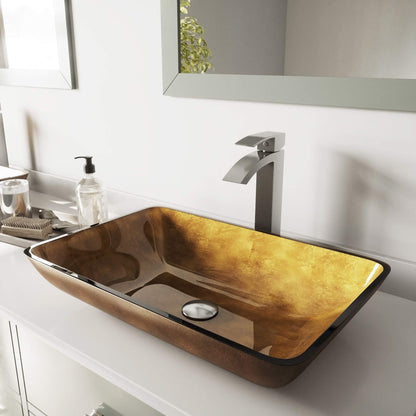 VIGO 22" L -14" W -12" H Donatello Glass Rectangular Vessel Sink Set in Copper with Faucet and Drain -VGT513