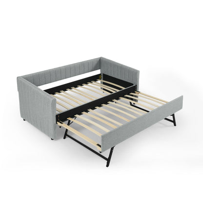 KEIKI Twin Size Upholstery Daybed with Erectable Trundle and Vertical Stripes, Twin to King Design Extendable Linen Sofa Bed, Easy Assembly, No Box Spring Required, for Living Room and Bedroom, Grey