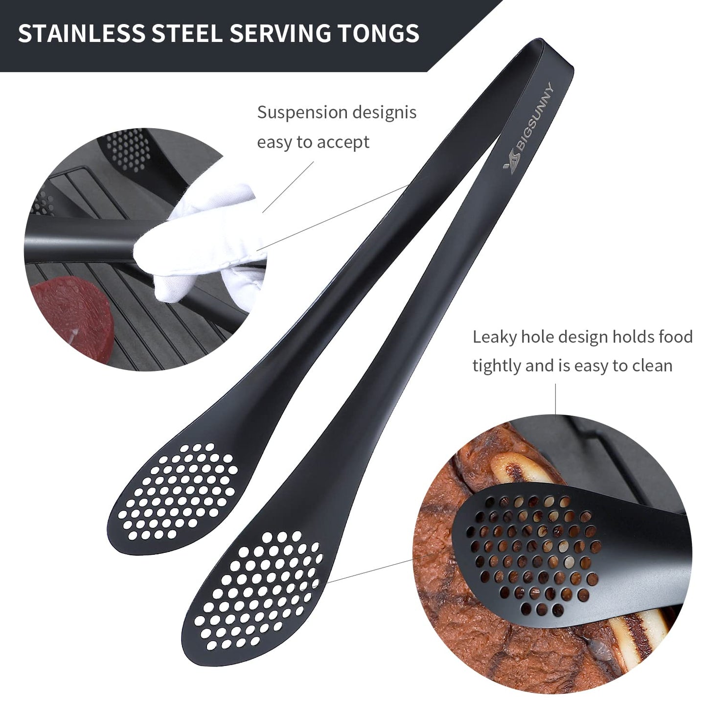 MSY BIGSUNNY Stainless Steel Buffet Tongs - Heavy Duty Kitchen Food Tong for Cooking and Serving (Black - 11" Serving Tongs)