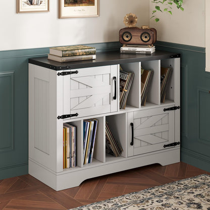 Vinyl Record Storage Cabinet, 39" Large Turntable Stand with Barn Doors, White Mid Century Modern Record Player Table with Display Shelf Rack for Albums Books Media Stereo Audio Home Living Room