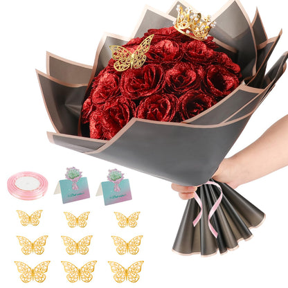 Complete Floral DIY Kit 24 Pcs Glitter Roses Bouquet Making Set with 12 Butterflies, Wrapping Paper, Cards, Ribbon & Crown Eternal Handmade Gift for Birthday, Anniversary, Mother's Day, Wedding (Red)