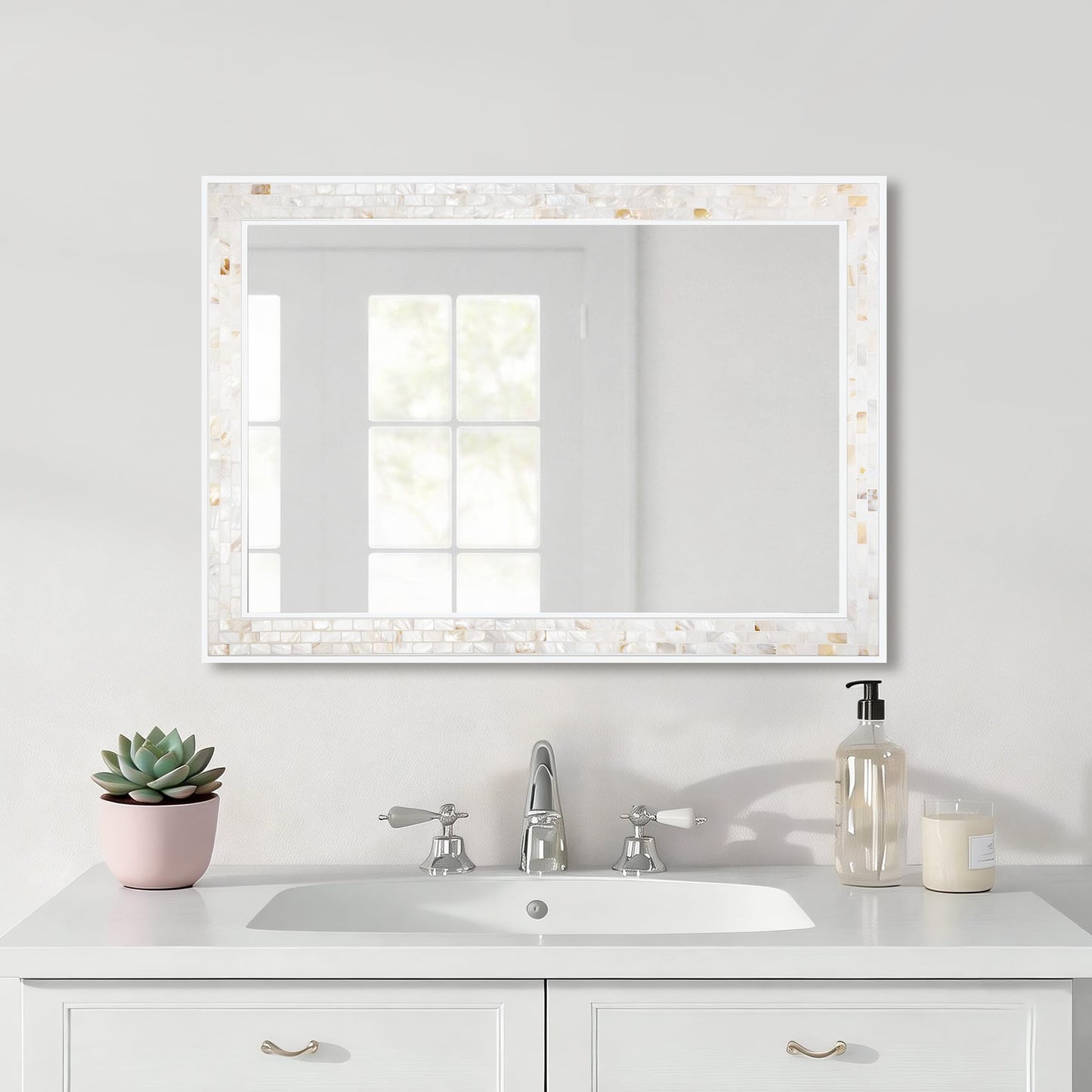 White Framed Bathroom Mirrors for Wall, 20x28 Inch Mother of Pearl Inlay Mirrors with Tempered Glass for Bathroom Bedroom or Living Room (Horizontal/Vertical Hanging)