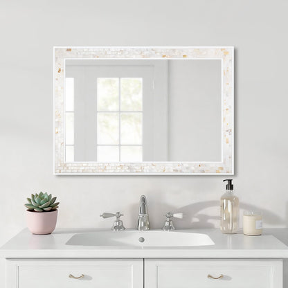 White Framed Bathroom Mirrors for Wall, 20x28 Inch Mother of Pearl Inlay Mirrors with Tempered Glass for Bathroom Bedroom or Living Room (Horizontal/Vertical Hanging)
