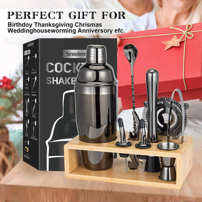 Black Cocktail Shaker Set, Premium 18/8 Stainless Steel Mixology Bartender Kit with Stylish Bamboo Stand 10-Piece Bar Tools & Accessories for Home Bar for Men, Dad, Husband