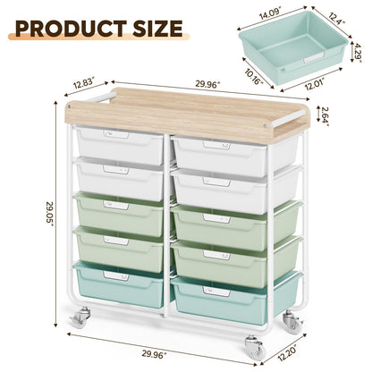 10-Drawer Rolling Cart, Art Cart with Wood Top & Side Handle, Multi-Purpose Craft Organizers and Storage with Lockable Wheels for Classroom, Dormitory, Craft Room and Art Supplies Organization(Green)