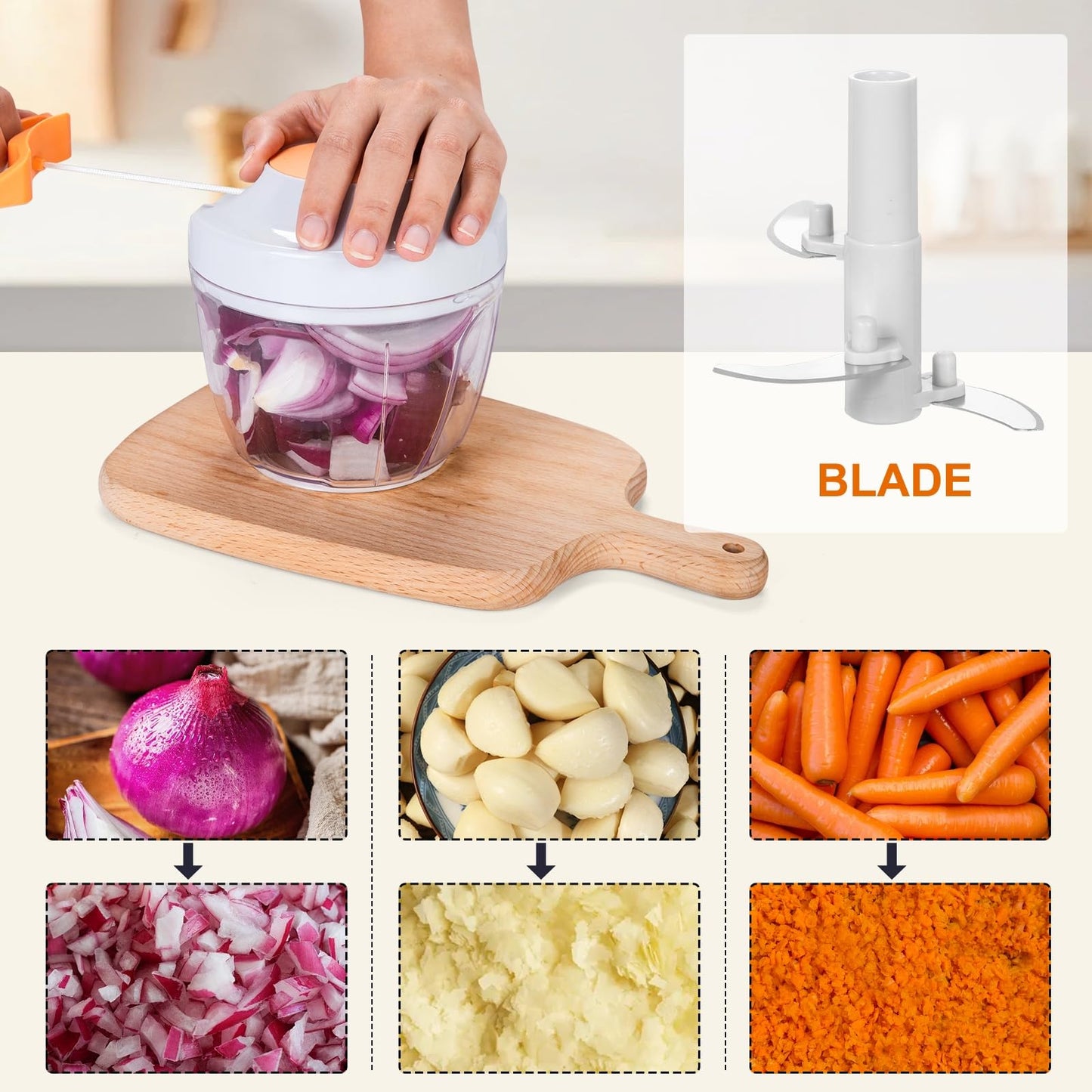 Manual Food Processor Vegetable Chopper, Portable Hand Pull String Garlic Mincer Onion Cutter for Veggies, Ginger, Fruits, Nuts, Herbs, etc., 650ml