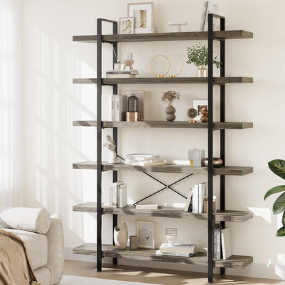 6 Tier Book Shelf, 47'' Wide Wood Industrial Bookshelf, 120lbs Shelf Capacity, Open Storage Shelves, 80'' Tall Heavy Duty Display Shelving, Rustic Grey Bookcase for Bedroom,Living Room,Office - 2Pcs
