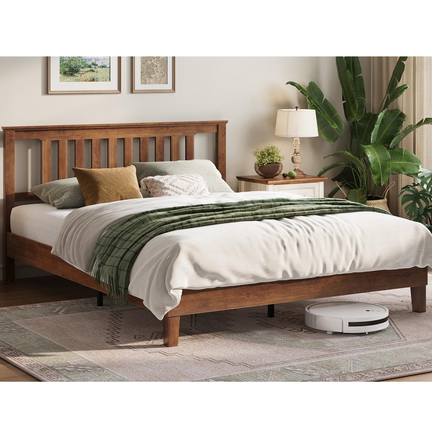 LINSY Solid Wood Bed Frame, Full Bed Frames Wooden Platform Frame with Headboard and Slat Bases, Mid Century Modern Bedframe No Box Spring Needed, Easy Assembly, Antique Walnut