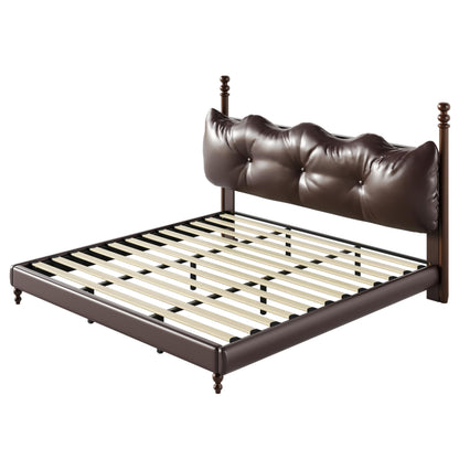 Christopher Knight Home Calka Classic King Bed Frame and Headboard, PU Leather Upholstered King Size Bed Frame with Tufted Design, Wooden Slats Support, No Box Spring Needed Bedframe, Dark Brown