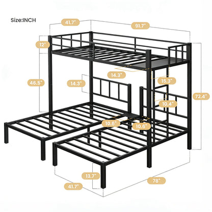 Mixcous Triple Bunk Bed Twin XL Over Twin & Twin, Heavy Duty Metal Bed Convertible to 3 Beds for Teens & Adults, Bunk Bed Frame with Adjustable Ladder, Noise-Free, Ideal for Space-Saving Needs, Black
