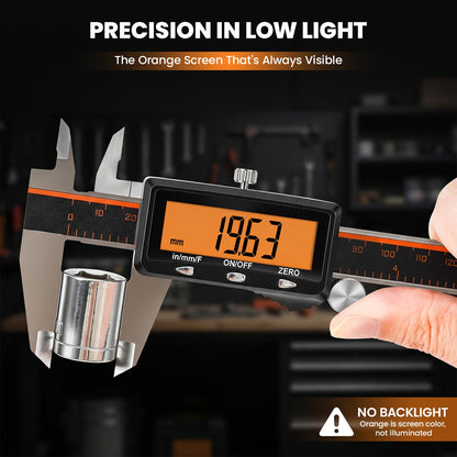 HARDELL Digital Caliper, Rechargeable Caliper Measuring Tool with Large Orange Screen, Stainless Steel Digital Micrometer with Auto-Off Feature -Inch/MM/Fraction for DIY/Household/3D-Printing
