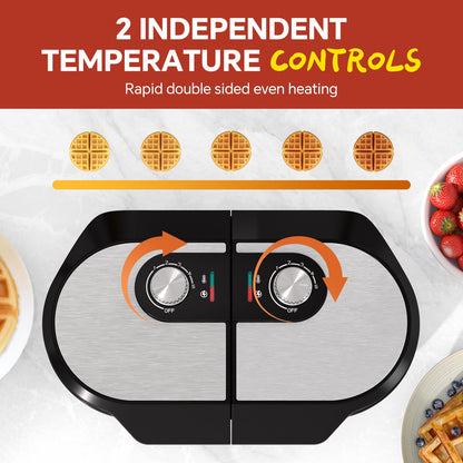 Double Waffle Maker, Belgian Waffle Maker, 6.5 Inch Waffle Iron with 2 Independent Adjustable Temp Knobs & Indicator Lights, Easy-Clean Nonstick Plates, Stainless Steel, Black