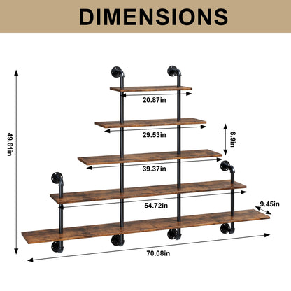 70" Industrial Pipe Shelving - 5 tier Rustic Solid Wood and Heavy Duty Metal Pipe Shelves for Wall,Kitchen Shelves Wall Mounted,Floating Bookshelf,Wall Shelves for Bathroom,Living Room,Coffee Bar