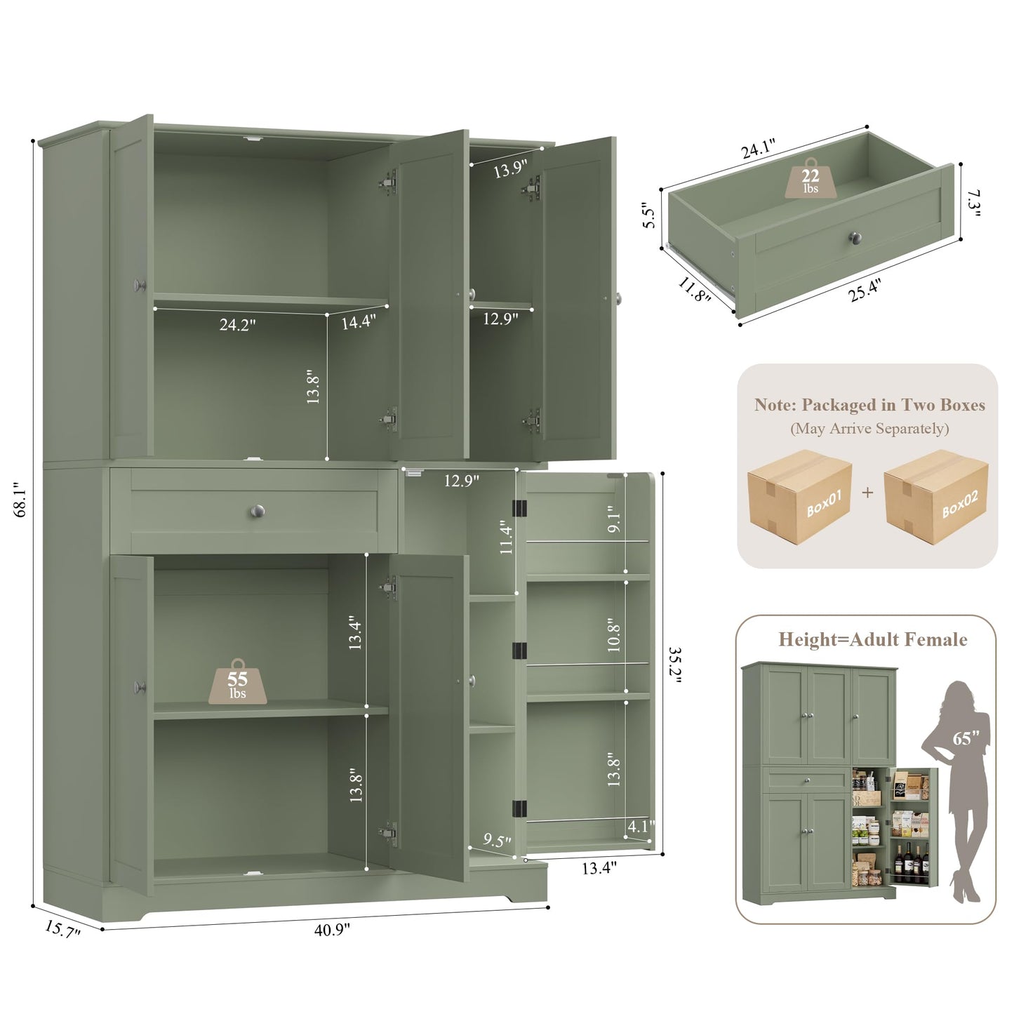 HOSTACK 68" Tall Kitchen Pantry Storage Cabinet, Modern Kitchen Hutch Cabinet with Doors and Shelves, Freestanding Food Pantry with Large Storage Drawer for Dining Room, Living Room, Green