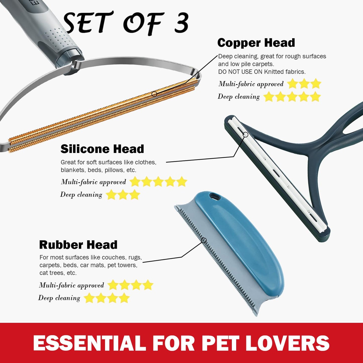 Pet Hair Removal Tools (3-Pack), Dog Cat Hair Remover Pro, Lint Shaver Cleaner, Fur Removal Carpet Scraper, Fuzz Hairball Brush for Carpet, Car Mat, Clothes, Couch, Pet Bed, Cat Tree, Furniture