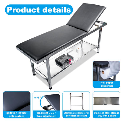 GuangzhuBS Advanced Examination Bed with Lower Storage Compartment and Paper roll Dispenser - Inspection Table/Adjustable backrest/Stirrups/Black/Stainless Steel,Maximum Weight Capacity: 480 lbs.