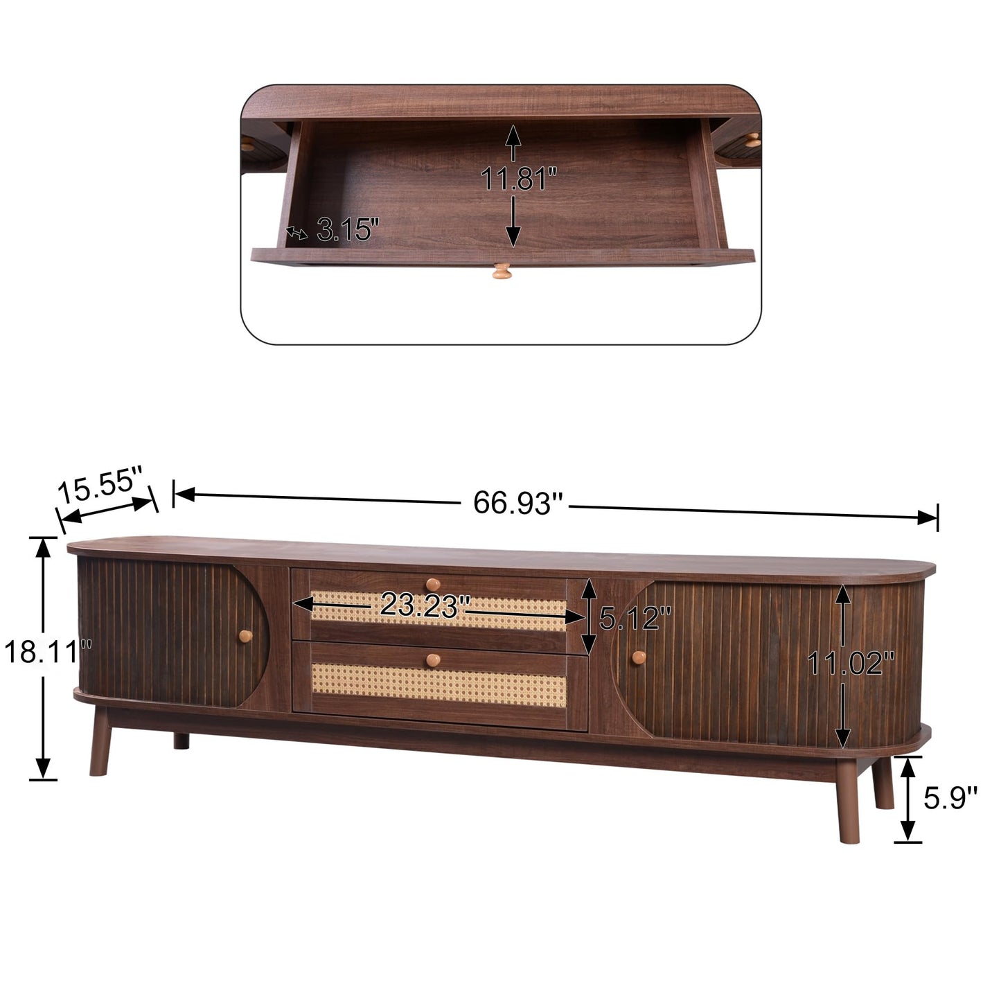 Merax Rattan TV Stand for TVs up to 75", Modern Farmhouse Media Console with Multi-Functional Storage, Boho Entertainment Center with Solid Wood Legs, Television Cabinet for Living Room, Natural+Brown